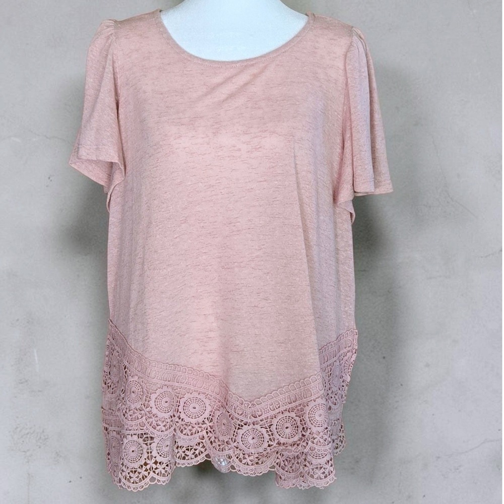 Cupio Woman Blush Pink Crochet Lace Hem Short Sleeve‎ Top Plus Size 1X Boho